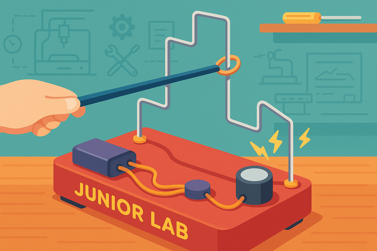 Illustration d’un jeu de réflexes électronique fabriqué au Junior Lab : une main guide un anneau le long d’un fil métallique au-dessus d’une base rouge marquée « JUNIOR LAB », dans un atelier de type FabLab.